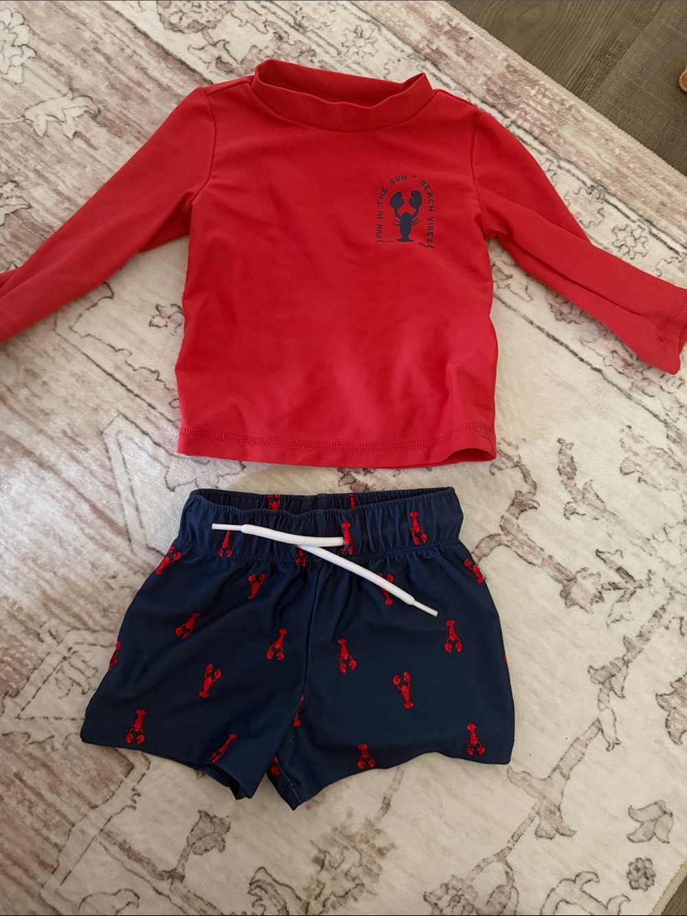 Carters Red Rash Guard Top & Navy Lobster Swim Shorts Set